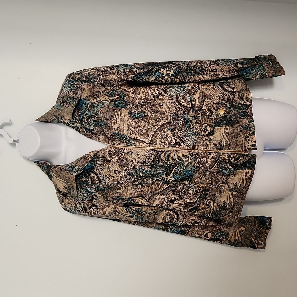 Christopher & Banks Turquoise Taupe Paisley Collared Zip Jacket 2-Pockets, Sz  M